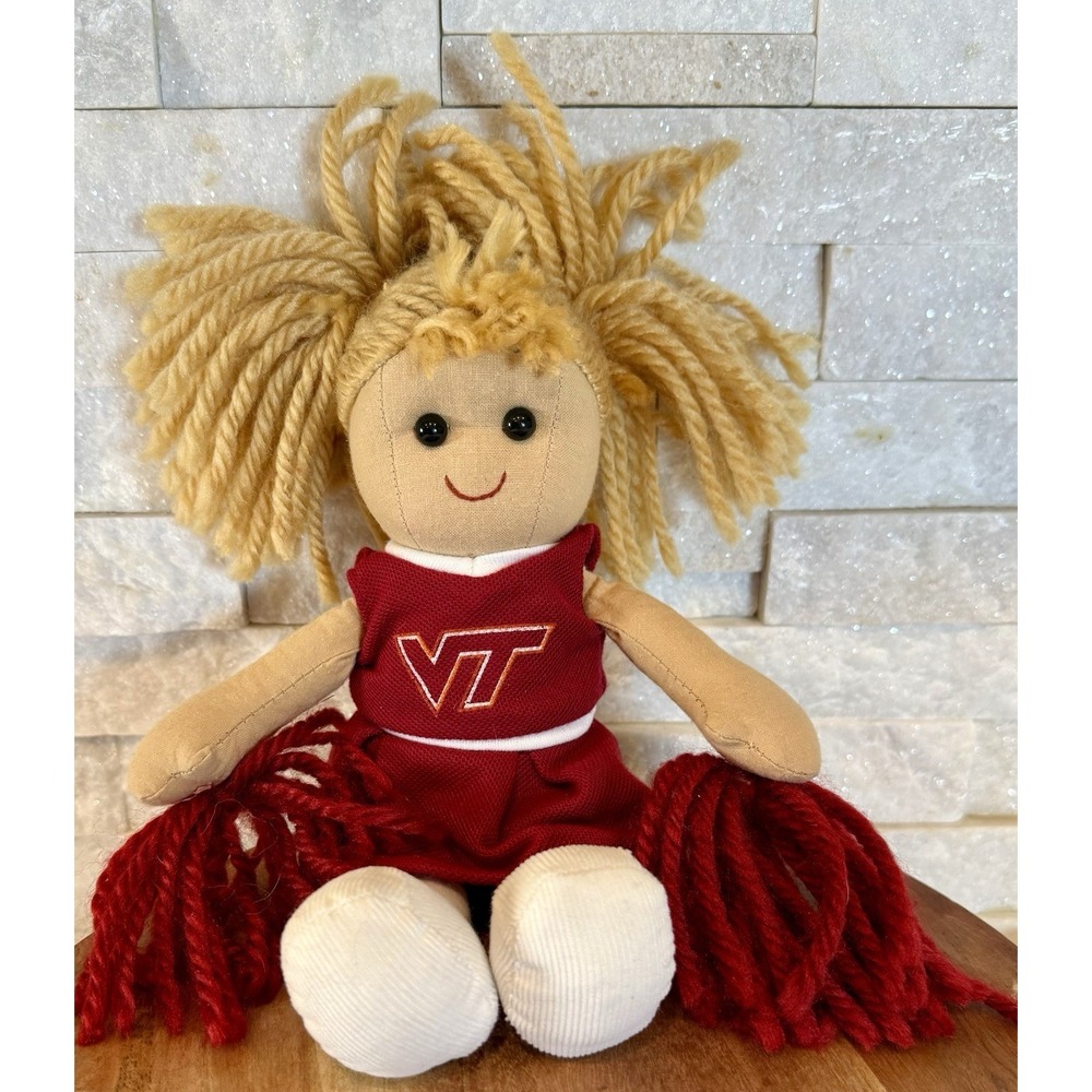 11' Inch Va. Tech Hokies Cheerleader Plush Doll w/ Yarn Hair And Pom Poms EUC